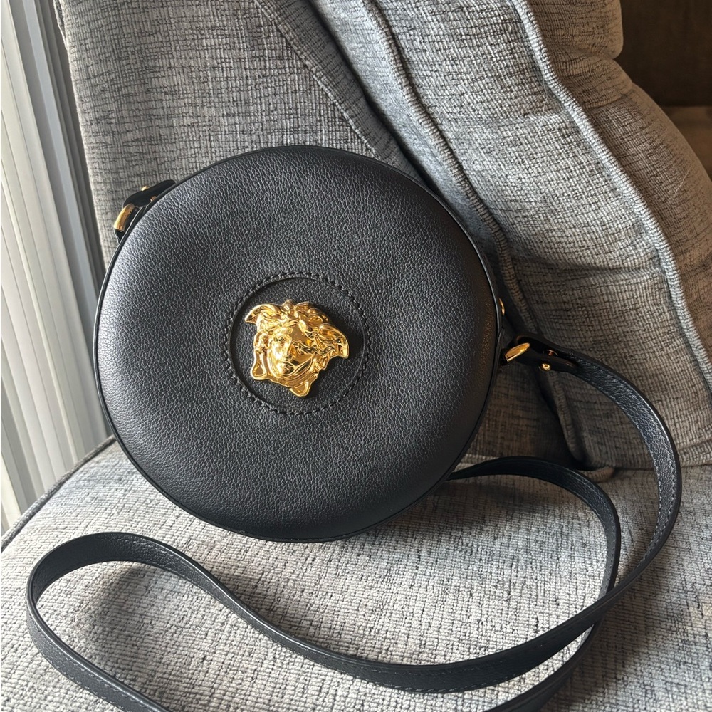 Versace Circular Black Crossbody Bag with Gold Medusa